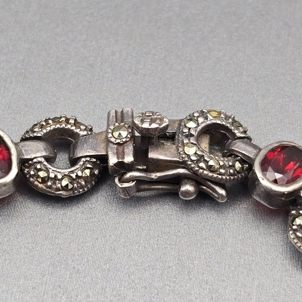 VTG Sterling Silver Garnet & Marcasite Link Bracelet 7.5" RF Hallmark Box Clasp - Picture 6 of 14